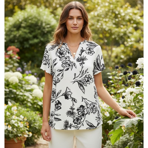 Maurices Tops - Maurices 1X Top Cream Black Floral Flutter Tropical Boho Resort Monochrome Chic